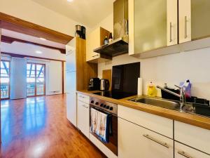 a kitchen with a sink and a stove top oven at Altstadt Apartment mit Terrasse in Mainbernheim