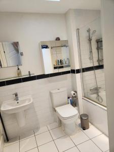 レスターにある2 Bedroom Modern Housesのトイレ、洗面台、シャワー付きのバスルーム