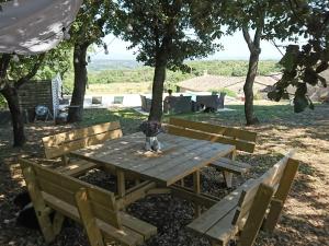 a picnic table under a tree with two benches at La Ferme les Eybrachas in Réauville