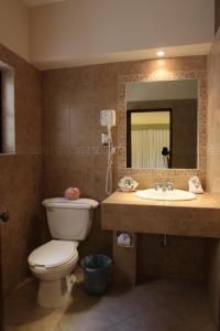 a bathroom with a toilet and a sink and a mirror at Hotel CasAntica in Oaxaca City