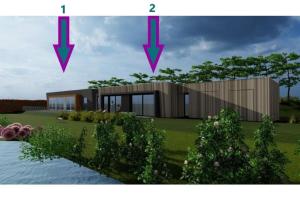 een diagram van een huis met twee pijlen bij Nia Domo, Ringdijk Noord 22a in Cadzand