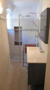 a bathroom with a shower and a white sink at Maison ancienne rénovée avec vue sur mer et Cap Corse in Centuri