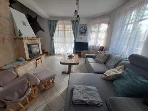 a living room with two couches and a tv at Vadrózsa Vendégház in Mátraszentistván