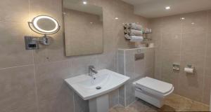 een badkamer met een wastafel, een toilet en een spiegel bij Best Western Corona Hotel in Londen