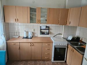 a small kitchen with wooden cabinets and a stove at Kid 2 in Zagreb