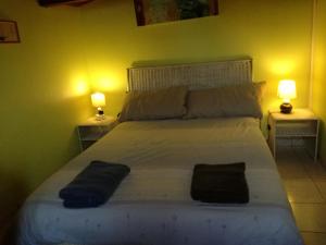 a bedroom with a large white bed with two lamps at Maison ZEN climatisée in Commequiers