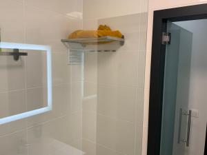 a bathroom with a shower with a glass door at La madeleine in De Panne +26 photos