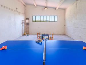 a ping pong room with a blue ping pong table at Mas Mare de la Font: Els Masovers / 1093 in Castelló d'Empúries