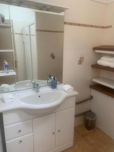 a bathroom with a white sink and a mirror at Chambre d'hôte chez Kahi in Brunoy