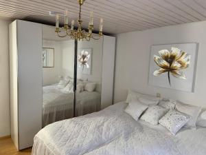 Schlafzimmer mit einem Bett mit einem Spiegel und einem Kronleuchter in der Unterkunft FeWo Sulzbachtal, Nähe Europa-Park, Rulantica, Schwarzwald, Feldberg in Lahr