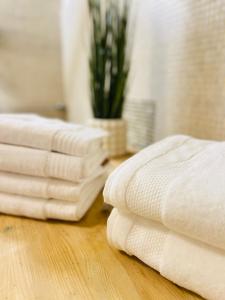 クルジュ・ナポカにあるCentral Luxury Apartamentの植物を敷いた木製の床のタオル