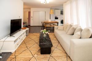 a living room with a white couch and a television at Appartement moderne au centre ville in Strasbourg