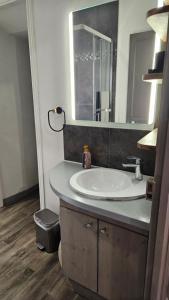 a bathroom with a sink and a mirror at La Pause Dinannaise in Dinan