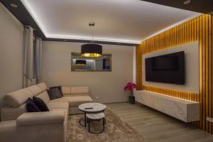 a living room with a couch and a flat screen tv at Franjković Premium Suite with Private Jacuzzi & Sauna in Seliste Dreznicko