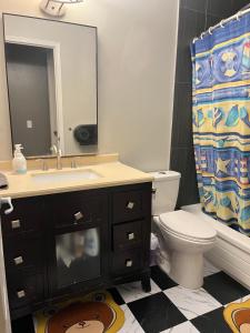 a bathroom with a sink and a toilet and a mirror at citadle hill house! in Calgary