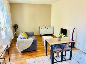 ein Wohnzimmer mit Sofa und Tisch in der Unterkunft Chez Arthur -Séjour en Sologne in La Ferté-Saint-Aubin