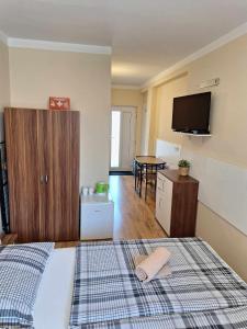 pokój hotelowy z łóżkiem i telewizorem z płaskim ekranem w obiekcie Star Apartments w Pieszczanach