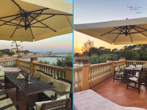two pictures of a patio with a table and an umbrella at Villa Lina in Castiglioncello