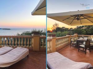 two pictures of a balcony with a table and an umbrella at Villa Lina in Castiglioncello