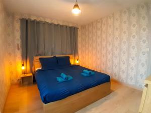 a bedroom with a blue bed with two blue slippers at L'Evasion, maison spacieuse, véranda, parking in Saint-André-de-Cubzac