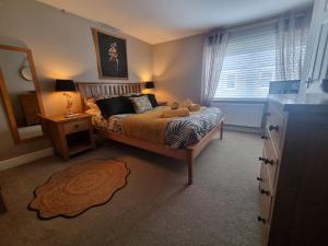 a bedroom with a bed with a teddy bear on it at Boutique Ensuite Studios in Aberystwyth