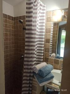 een badkamer met een douchegordijn en een wastafel bij Notre Cabanon en Provence in Auriol