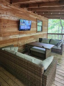a living room with couches and a table and a tv at Busse's Roost Cozy Mountain House in Cosby