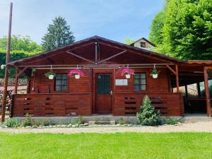a wooden cabin with flowers on the front of it at Cabana Baile Chirui Ciubar in Băile Chirui