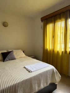 a bedroom with a bed and a yellow curtain at Dario's Apartaments 2 in Orikum