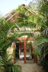 a bedroom with a bed and some palm trees at Eco Xata in Santa Verónica