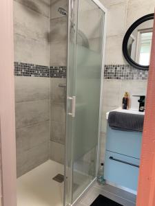 una ducha con puerta de cristal en un baño en appartement RDC gauche, en Bagneux
