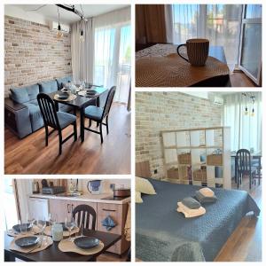 Un collage de fotografías de una sala de estar y un comedor. en Студио Бяла, en Byala