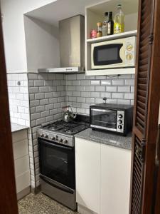 a small kitchen with a stove and a microwave at Calle Italia in Rosario