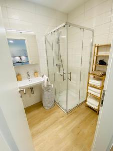 un baño con ducha y lavabo en Luxury Flat in city center with free parking-HOL1, en Luxemburgo