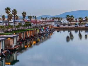 拉利内阿-德拉康塞普西翁Boat Haus - Casas Flotantes frente a Gibraltar的码头和水中停泊的船只的景色