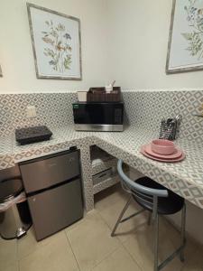 a kitchen with a counter with a microwave and a chair at Casa Don Agus in Guanajuato