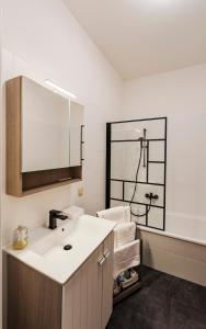a bathroom with a sink and a mirror at Elbau Residence Uni und Klinik nah in Magdeburg