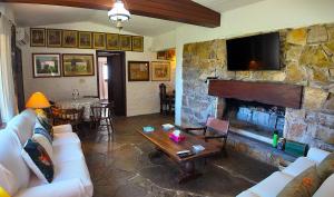 a living room with a couch and a fireplace at Casa de campo con piscina, bar y casa de huéspedes in Maldonado