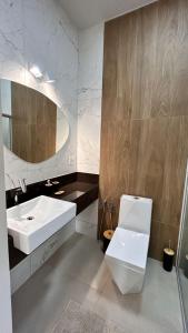 a bathroom with a sink and a toilet and a mirror at Aconchego BH in Belo Horizonte