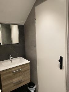 a bathroom with a sink and a mirror at 17 4p Historical Cottage near Valkenburg in Voerendaal +4 photos