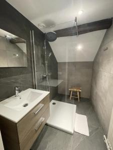 a bathroom with a white sink and a shower at 18 4p Authentic Cosy Cottage in Voerendaal