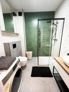 a bathroom with a shower and a toilet and a sink at Apartament Drugi Dom Sztutowo Baltic Twins in Sztutowo +8 photos