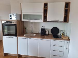 a small kitchen with white cabinets and a sink at Apartment Jasmina in Krimovice +3 photos