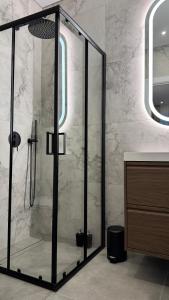 a shower with a glass door in a bathroom at EVA boutique apartments in Vilnius +30 photos