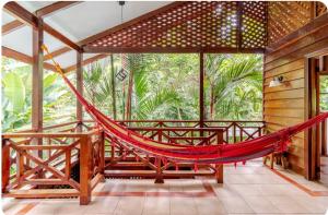 un hamac sur un porche grillagé avec des arbres dans l'établissement Elita luxurious villa, pool, jacuzzi, AC wellness, à Talamanca