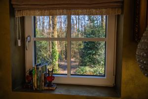 a window with a view of a forest at B&B Huisje Schaufeli in Apeldoorn