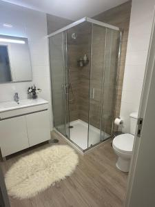 a bathroom with a shower and a toilet and a sink at Refúgio da Serra in Porto de Mós +8 photos