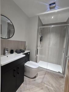 a bathroom with a shower and a toilet and a sink at Lanark Apartment in Fort William +4 photos