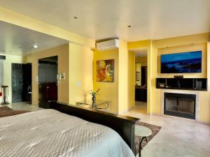 a bedroom with a large bed and a fireplace at Oceanfront Villa 4BR 4 BA Real Mediterraneo in Tijuana