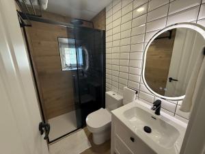 a bathroom with a toilet and a sink and a mirror at La Sorpresa in Huétor Vega +14 photos